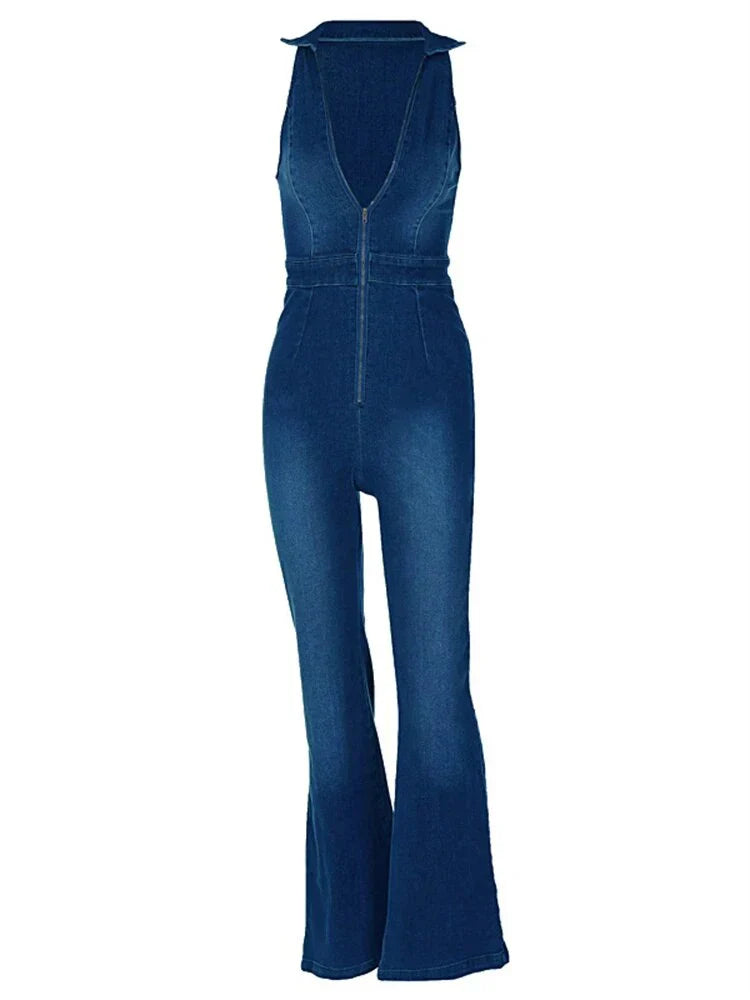 Denim Jumpsuit Damen | V-Ausschnitt mit Kragen | Lockerer Einteiler | Atmungsaktiv-S-Luzern Mode