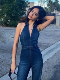 Denim Jumpsuit Damen | V-Ausschnitt mit Kragen | Lockerer Einteiler | Atmungsaktiv-Luzern Mode