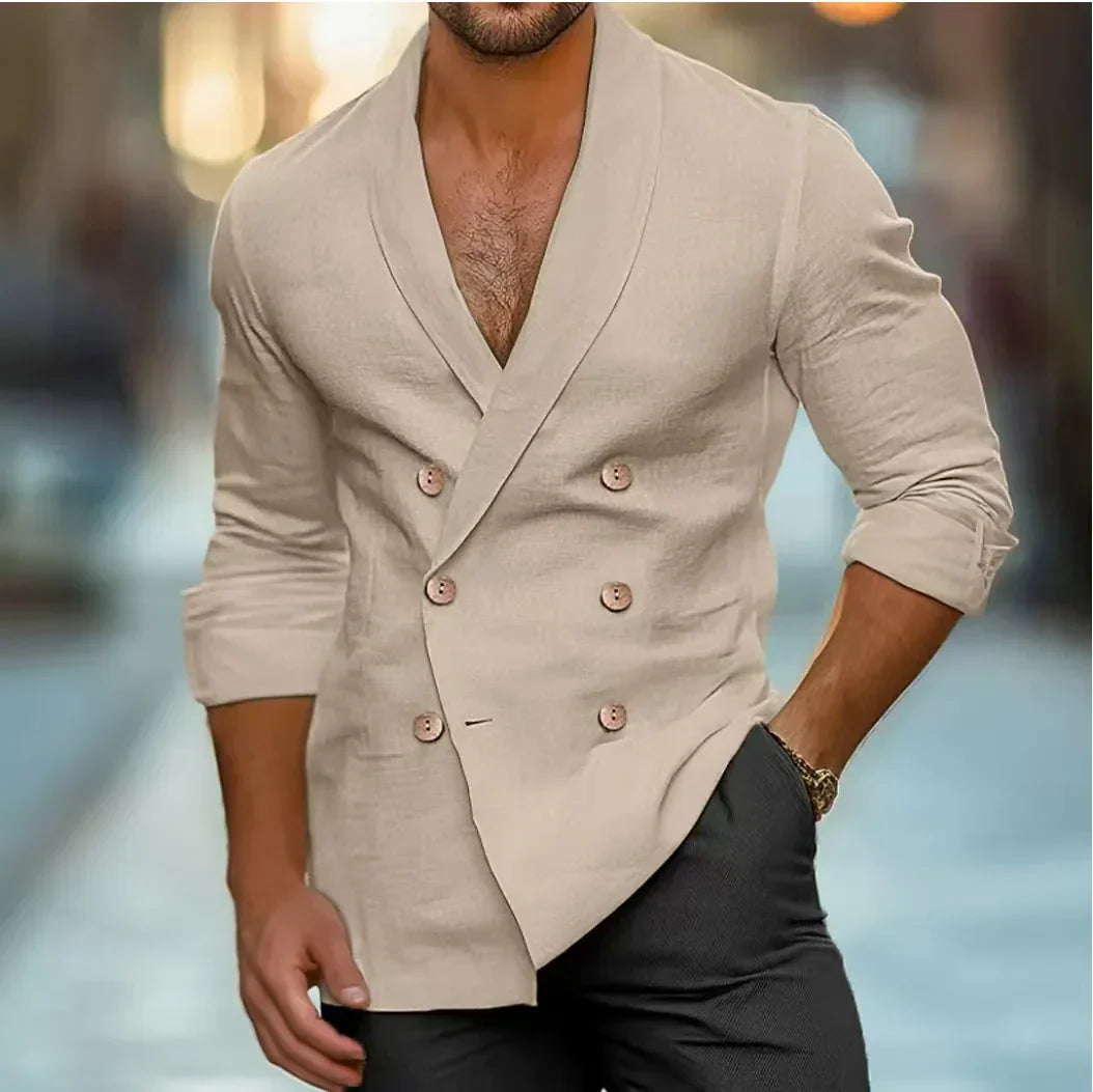 Leinenhemd Herren | Doppelknopfleiste | Atmungsaktiv & leicht | Reverskragen | Regular Fit-Khaki-S-Luzern Mode