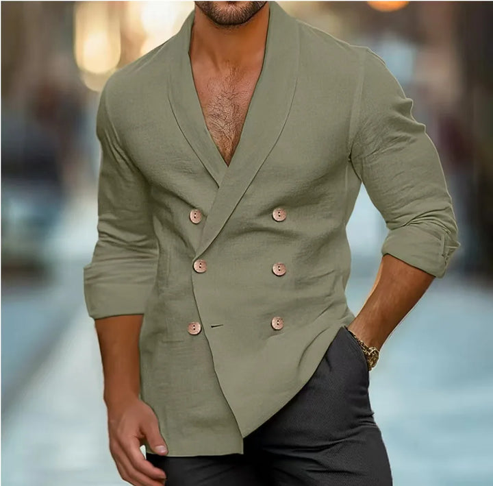 Leinenhemd Herren | Doppelknopfleiste | Atmungsaktiv & leicht | Reverskragen | Regular Fit-Olivgrün-S-Luzern Mode