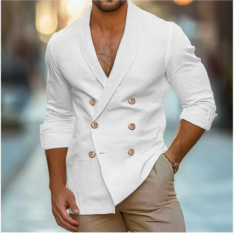 Leinenhemd Herren | Doppelknopfleiste | Atmungsaktiv & leicht | Reverskragen | Regular Fit-Weiß-S-Luzern Mode