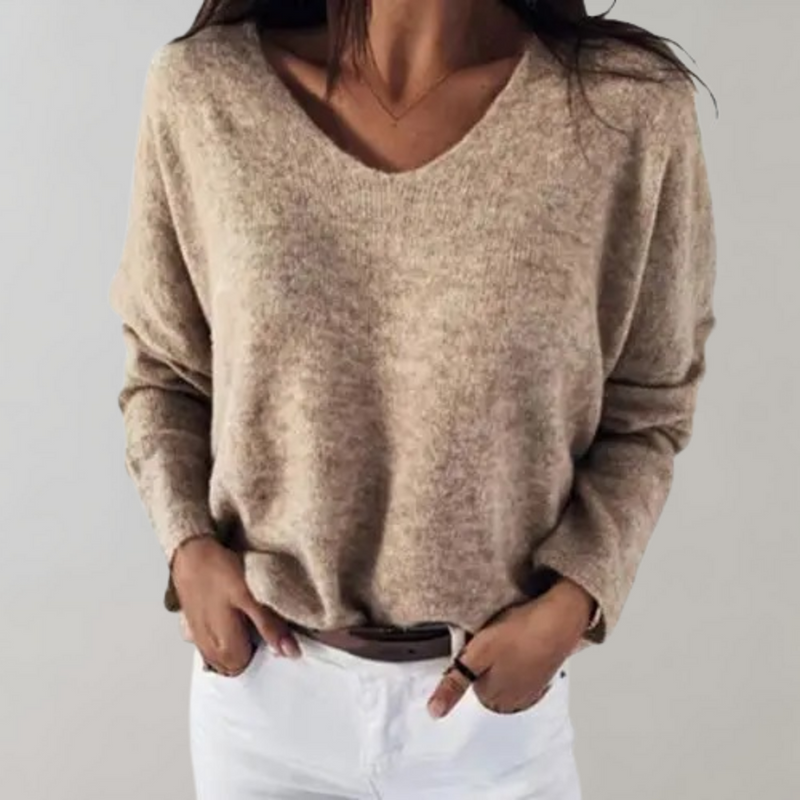 Damenpullover V-Ausschnitt Strickmode für Herbst/Winter-Beige-S-Luzern Mode