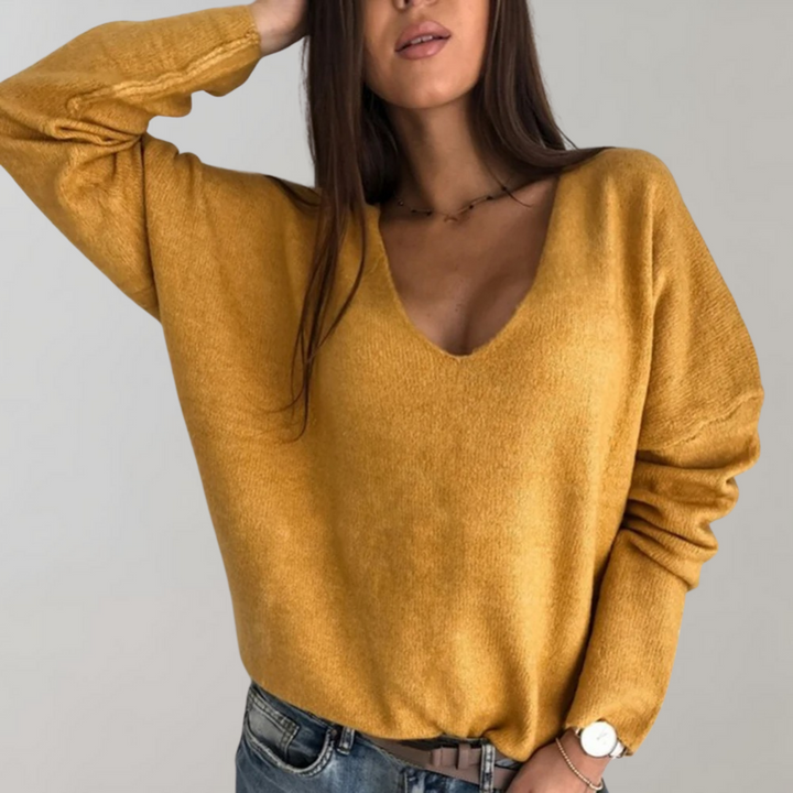 Damenpullover V-Ausschnitt Strickmode für Herbst/Winter-Gelb-S-Luzern Mode