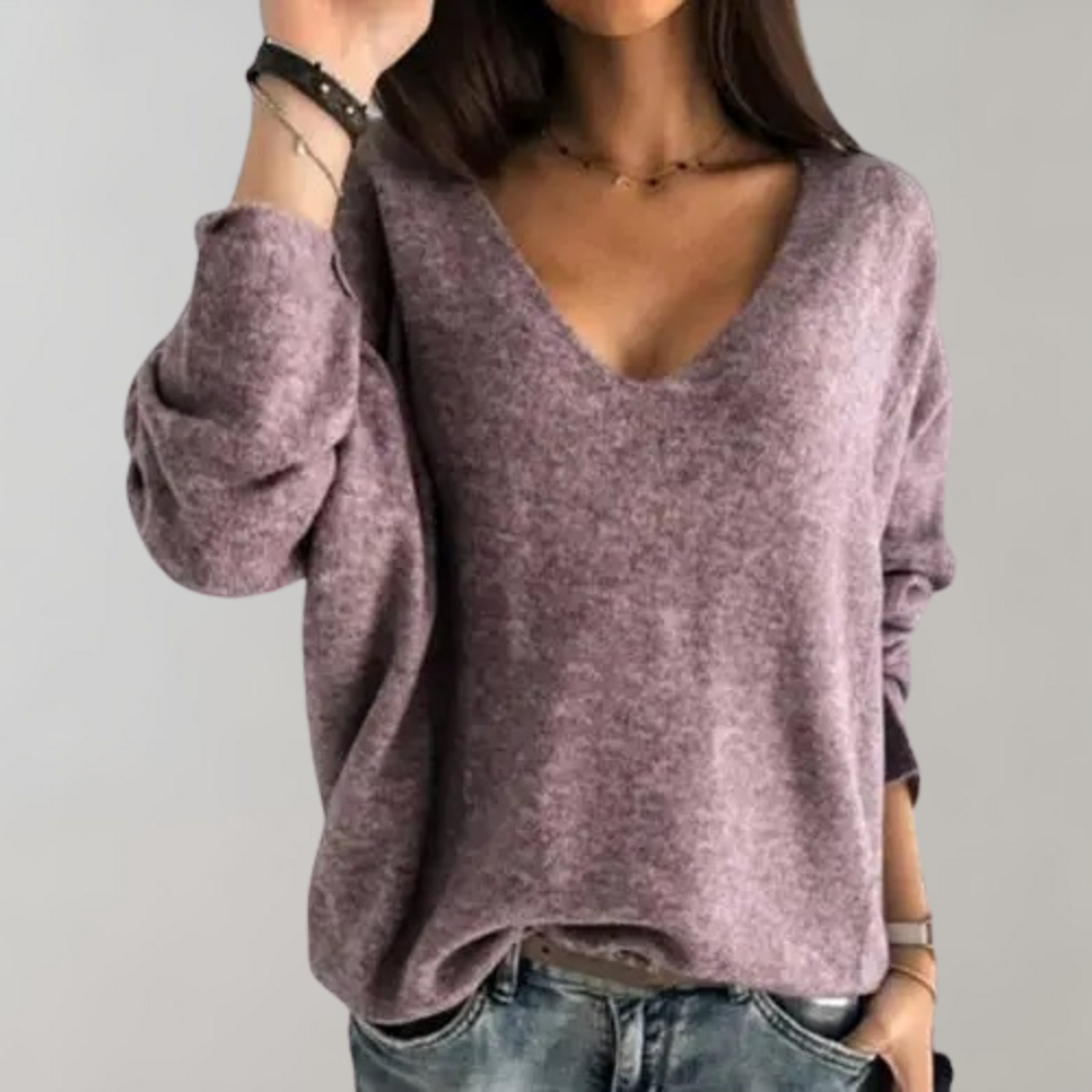 Damenpullover V-Ausschnitt Strickmode für Herbst/Winter-Lila-S-Luzern Mode