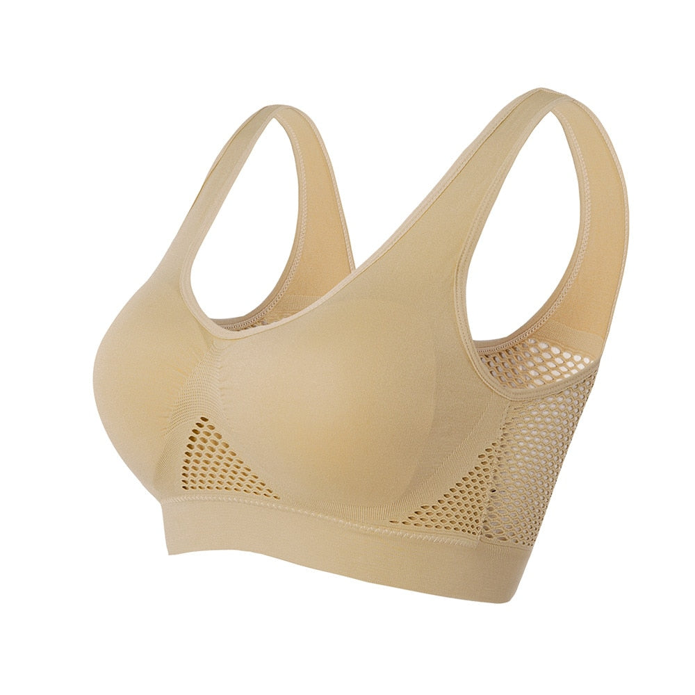 Sport-BH | Mesh | Atmungsaktiv | Nahtlos | Schnelltrocknend | Nylon-Beige-S-Luzern Mode