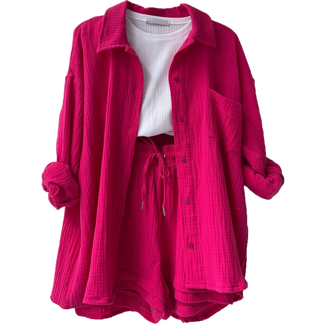 Baumwoll Zweiteiler Damen | Atmungsaktives Co Ord Set | Sommer Look bequem-Dunkelrosa-S-Luzern Mode