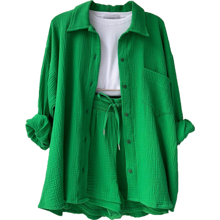 Baumwoll Zweiteiler Damen | Atmungsaktives Co Ord Set | Sommer Look bequem-Grün-S-Luzern Mode
