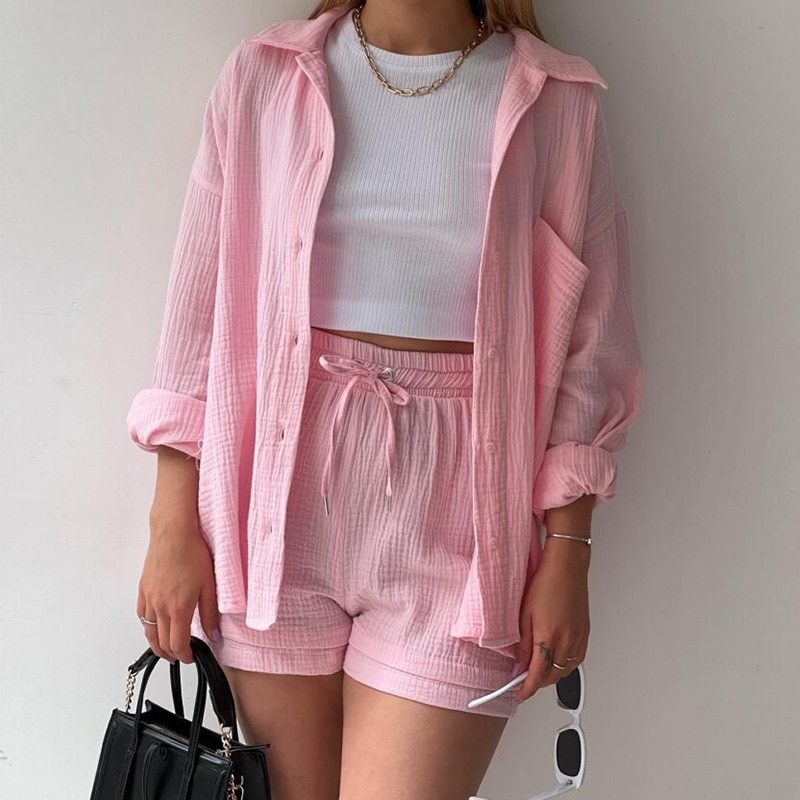 Baumwoll Zweiteiler Damen | Atmungsaktives Co Ord Set | Sommer Look bequem-Hellrosa-S-Luzern Mode