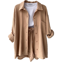 Baumwoll Zweiteiler Damen | Atmungsaktives Co Ord Set | Sommer Look bequem-Khaki-S-Luzern Mode