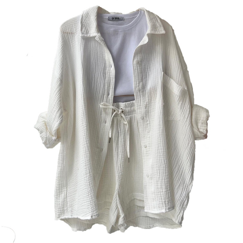 Baumwoll Zweiteiler Damen | Atmungsaktives Co Ord Set | Sommer Look bequem-Weiß-S-Luzern Mode