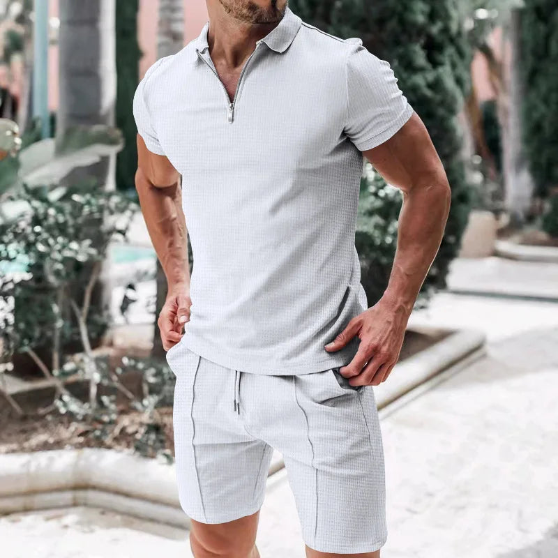 Sommer Set Herren | Poloshirt mit Kragen | Atmungsaktiv | Shorts mit Kordelzug & Gummibund-Grau-S-Luzern Mode