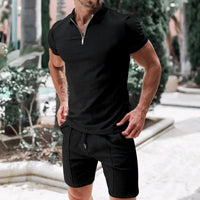 Sommer Set Herren | Poloshirt mit Kragen | Atmungsaktiv | Shorts mit Kordelzug & Gummibund-Schwarz-S-Luzern Mode