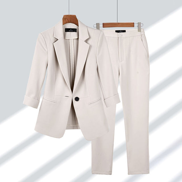 Damen Blazer Hose Set Business Anzug Büro Mode Elegant-Beige-S-Luzern Mode