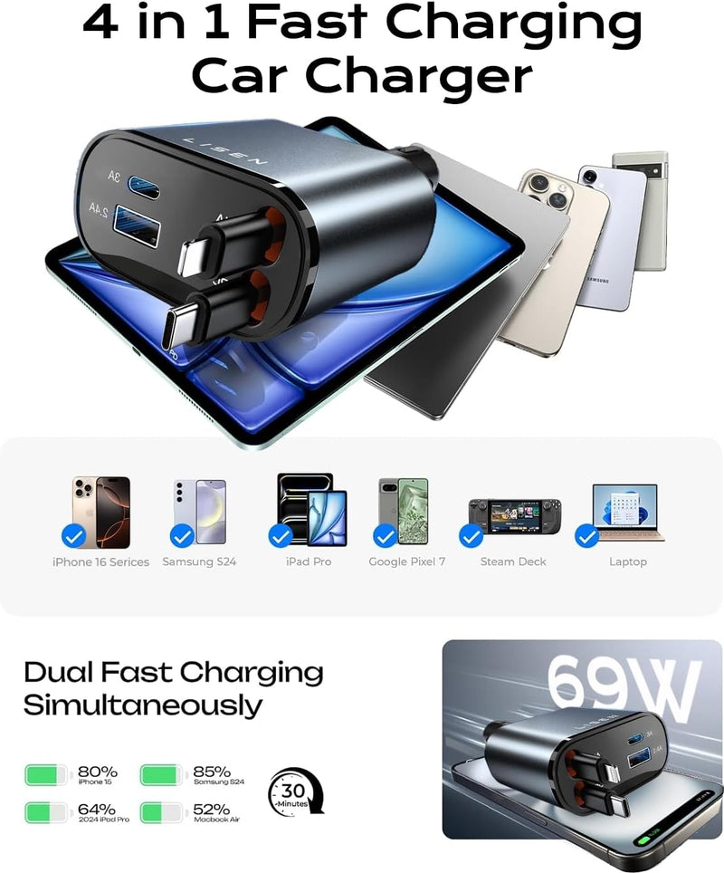Autoladegerät | USB Schnellladen Ausziehbar Vielseitig 69W Langlebig Stilvoll-Luzern Mode
