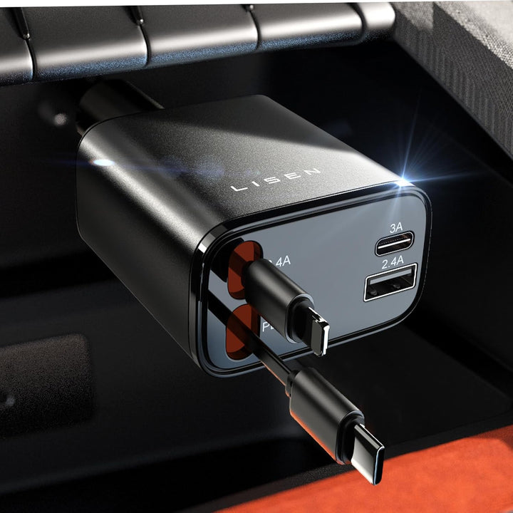Autoladegerät | USB Schnellladen Ausziehbar Vielseitig 69W Langlebig Stilvoll-Schwarz - USB Typ C - 24 Volt-Luzern Mode