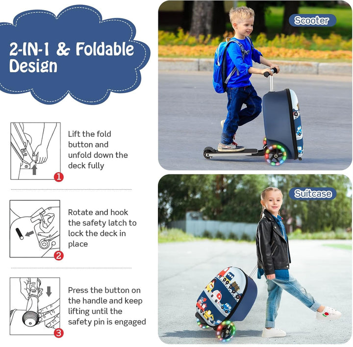 Kinder 2-in-1 Ride-On Scooter Koffer mit LED-Rädern