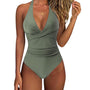 Damen Badeanzug | Push-Up | Hohe Taille | Einfarbig | V-Ausschnitt | Figurschmeichelnd-Grün-S-Luzern Mode