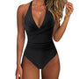 Damen Badeanzug | Push-Up | Hohe Taille | Einfarbig | V-Ausschnitt | Figurschmeichelnd-Schwarz-S-Luzern Mode