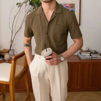 Herrenhemden | V-Ausschnitt | Kurze Ärmel | Uni | Kragen | Lockere Passform-Khaki-S-Luzern Mode