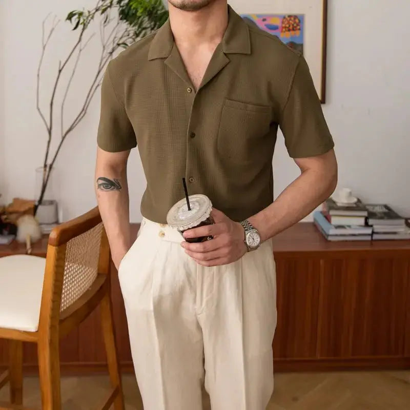 Herrenhemden | V-Ausschnitt | Kurze Ärmel | Uni | Kragen | Lockere Passform-Khaki-S-Luzern Mode
