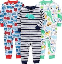 Dreiteiliges Baby Strampler Set mit Tier- und Auto-Motiven-Blaue Feuerwehrwagen/Graue Streifen/Weiße Dinosaurier-6-9 Monate-Luzern Mode