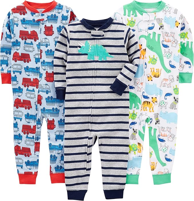 Dreiteiliges Baby Strampler Set mit Tier- und Auto-Motiven-Blaue Feuerwehrwagen/Graue Streifen/Weiße Dinosaurier-6-9 Monate-Luzern Mode