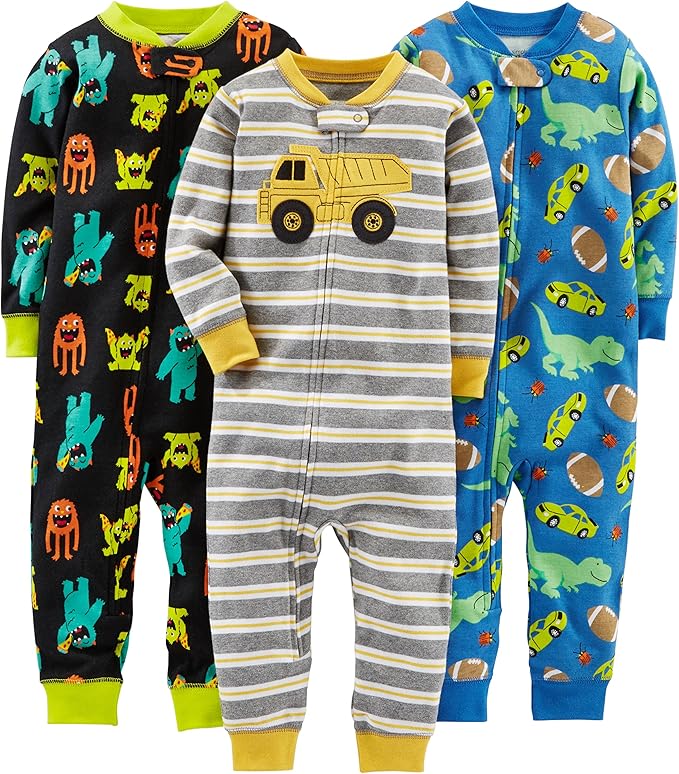 Dreiteiliges Baby Strampler Set mit Tier- und Auto-Motiven-Schwarzes Monster/Blaue Dinosaurier/Graue Streifen-6-9 Monate-Luzern Mode