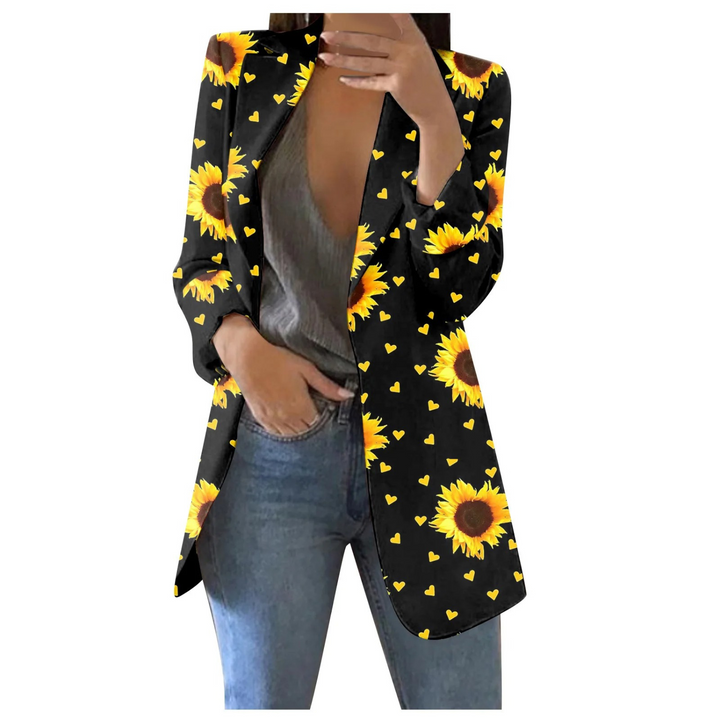 Damen Blazer mit Blumenmuster - Eleganter Freizeitlook-Schwarz-Gelb-S-Luzern Mode