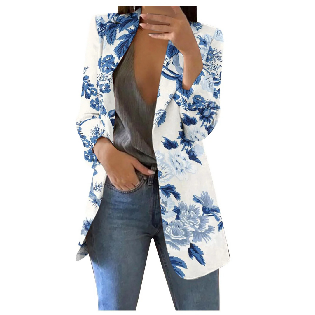 Damen Blazer mit Blumenmuster - Eleganter Freizeitlook-Weiß-Blau-S-Luzern Mode