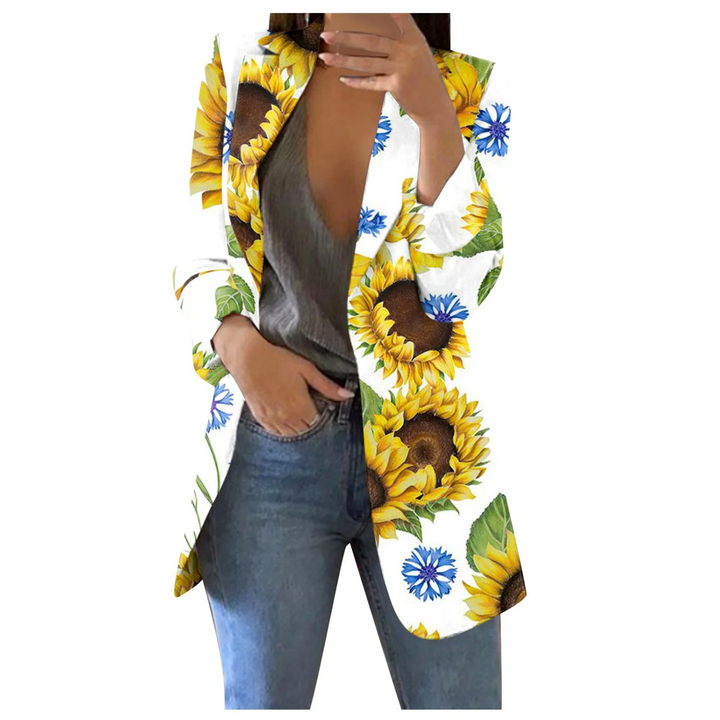 Damen Blazer mit Blumenmuster - Eleganter Freizeitlook-Weiß-Gelb-S-Luzern Mode