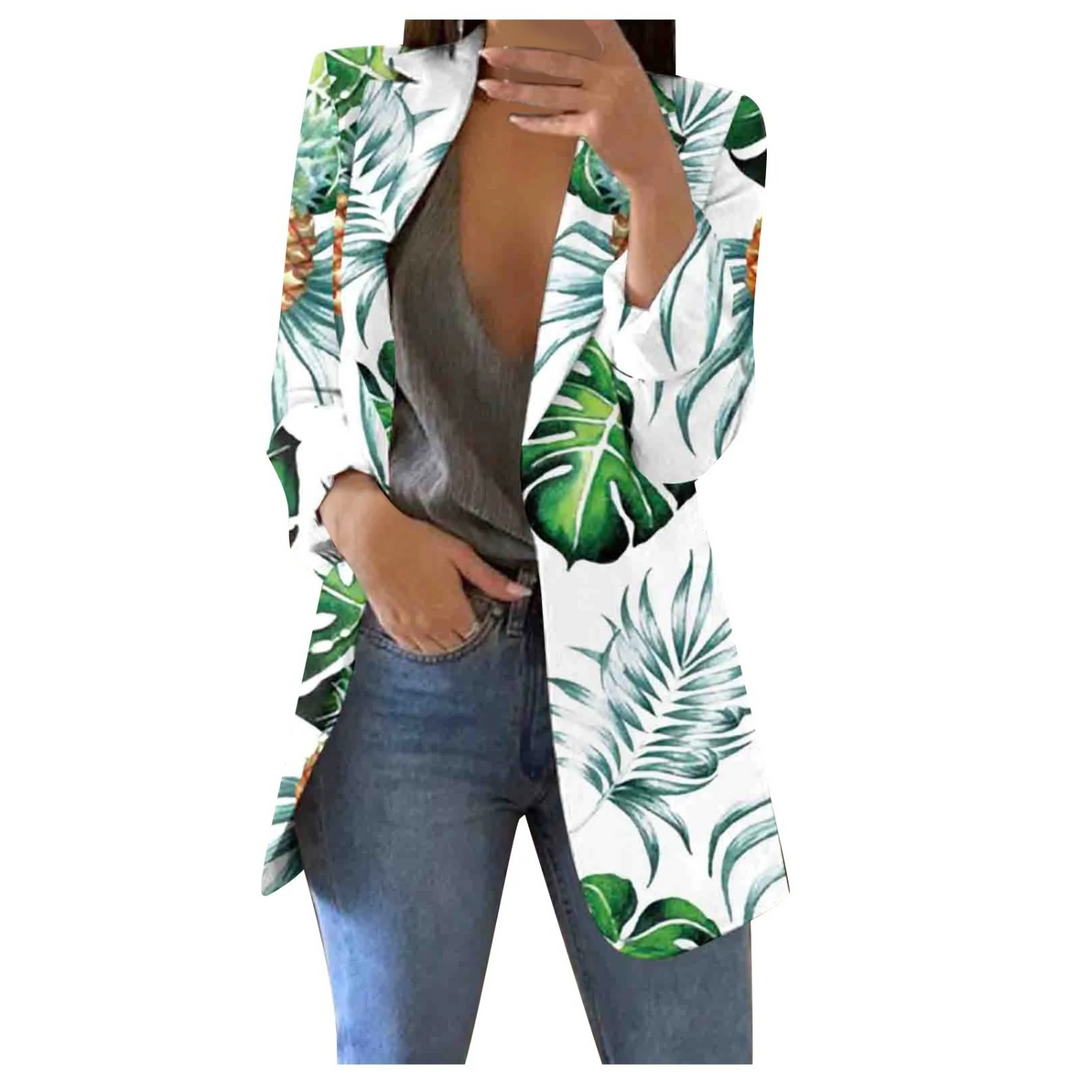 Damen Blazer mit Blumenmuster - Eleganter Freizeitlook-Weiß-Grün-S-Luzern Mode