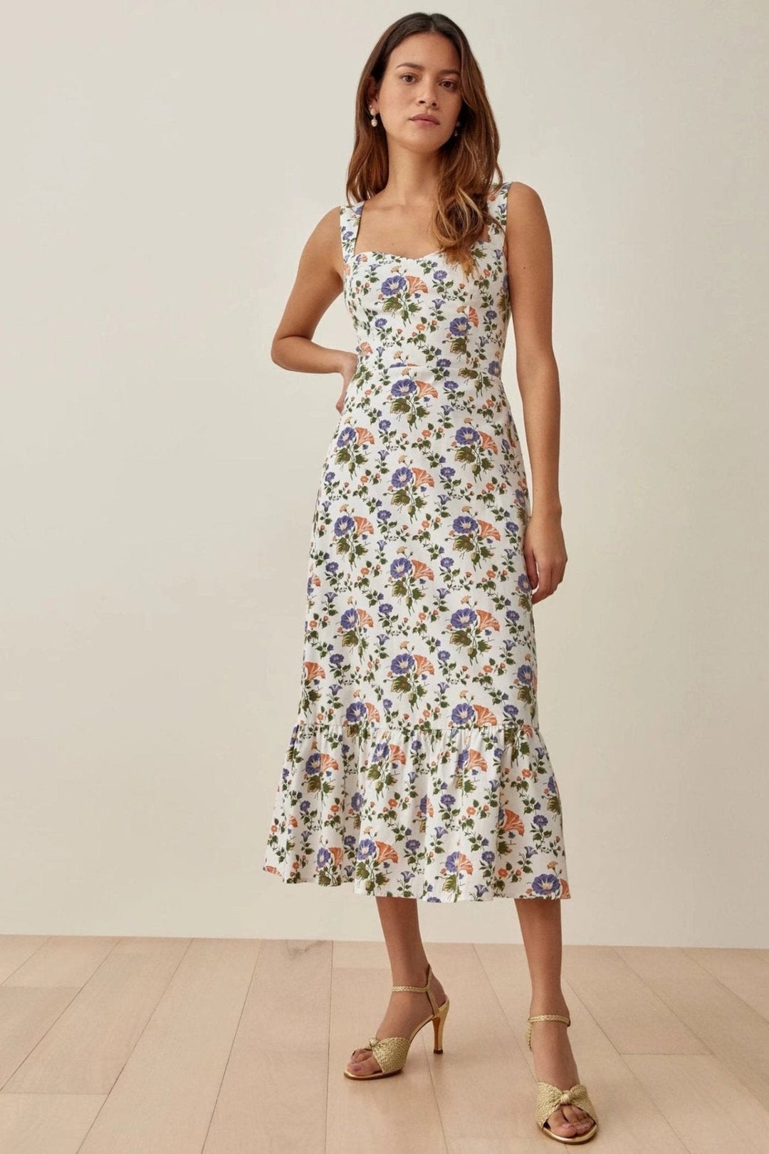 Bedrucktes Auslaufendes Midi-Kleid mit Trägern – Norelle