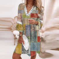 Sommerkleid mit Druck | Bunt | V-Ausschnitt | Dreiviertelärmel | Halb lang-Gelb-S-Luzern Mode