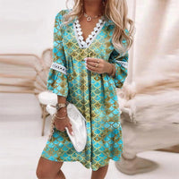 Sommerkleid mit Druck | Bunt | V-Ausschnitt | Dreiviertelärmel | Halb lang-Grün-S-Luzern Mode