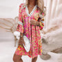Sommerkleid mit Druck | Bunt | V-Ausschnitt | Dreiviertelärmel | Halb lang-Rosa-S-Luzern Mode