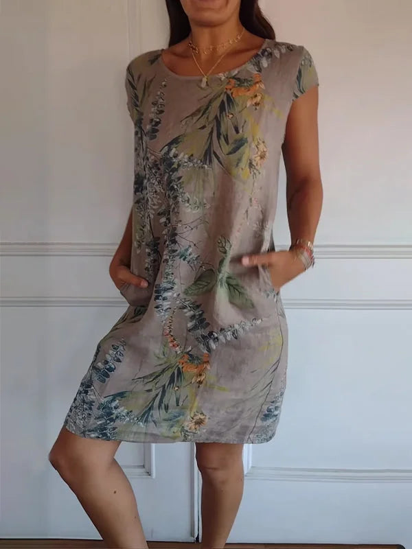 Bedrucktes Kleid | Rundhalsausschnitt | Knielang | Locker | Ärmellos-Braun-S-Luzern Mode