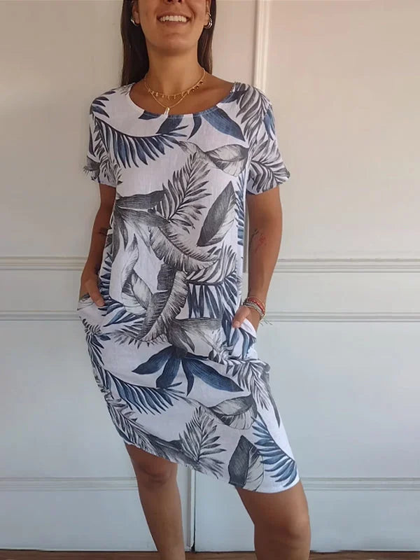 Bedrucktes Kleid | Rundhalsausschnitt | Knielang | Locker | Ärmellos-Weiß-S-Luzern Mode