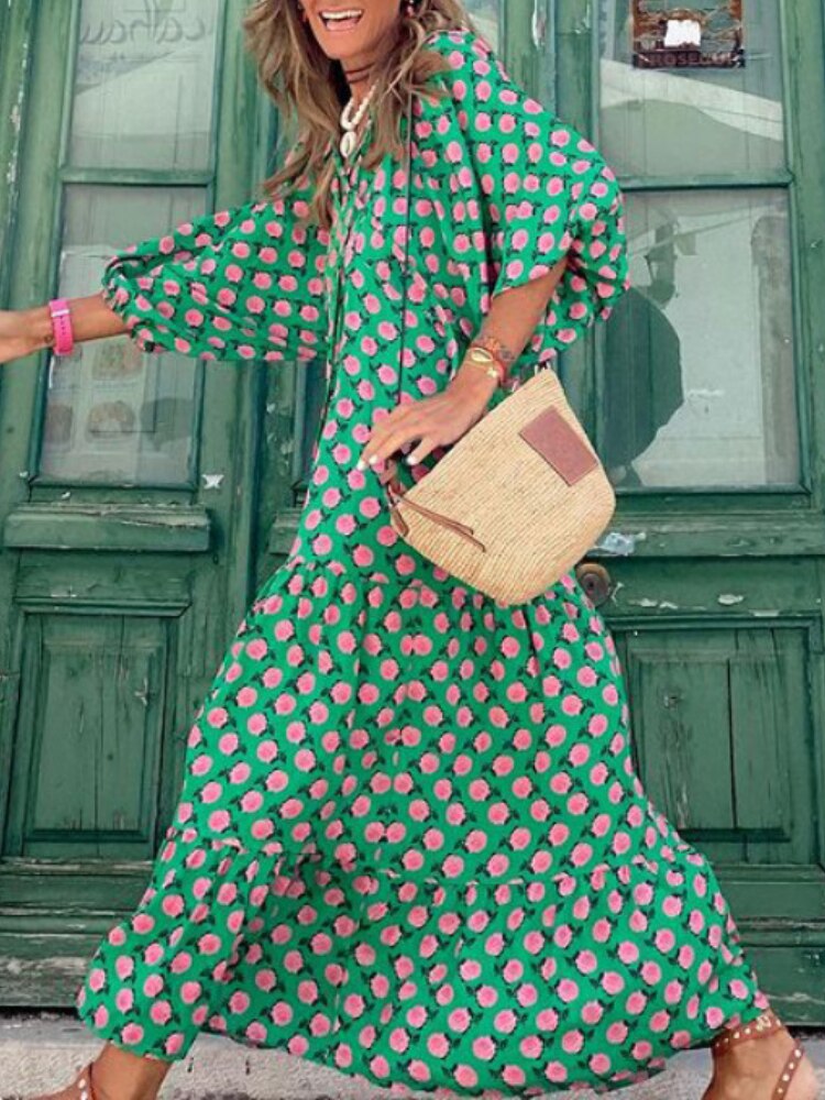 Maxikleid | Taillenbund | Bedruckt | Kurze Ärmel | Luftig | Mehrfarbig-Grün-S-Luzern Mode