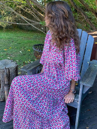 Maxikleid | Taillenbund | Bedruckt | Kurze Ärmel | Luftig | Mehrfarbig-Lila Blau-S-Luzern Mode