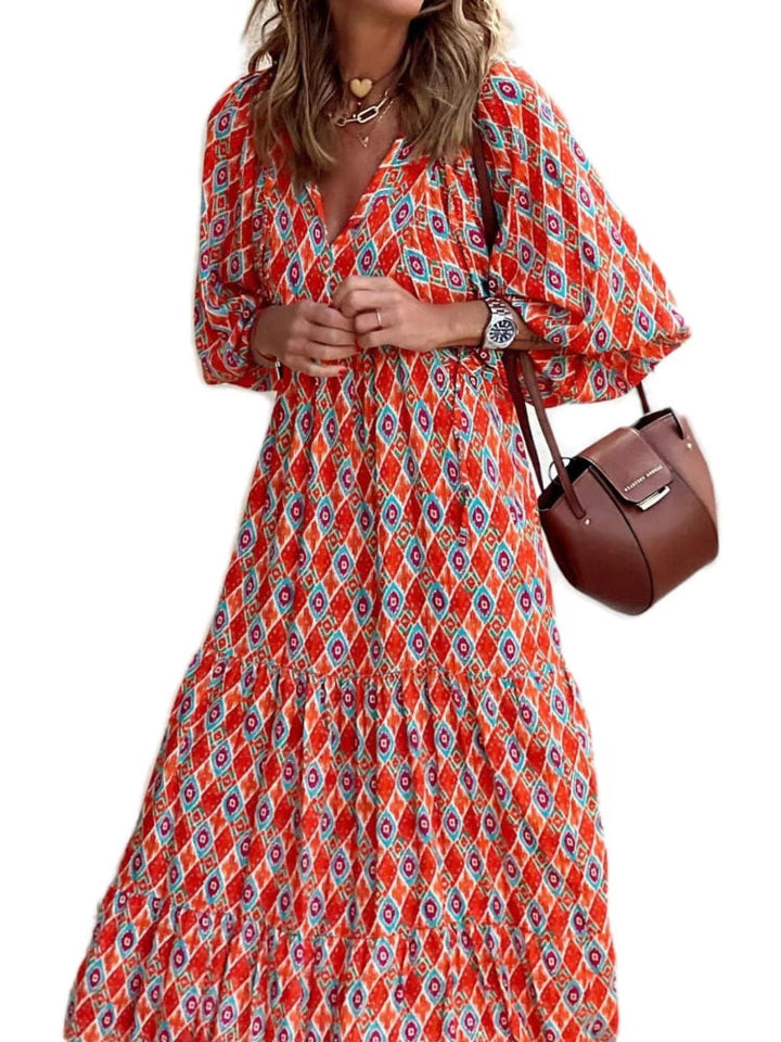 Maxikleid | Taillenbund | Bedruckt | Kurze Ärmel | Luftig | Mehrfarbig-Orange-S-Luzern Mode