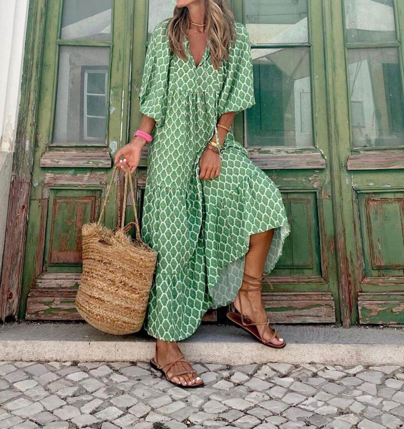 Maxikleid | Taillenbund | Bedruckt | Kurze Ärmel | Luftig | Mehrfarbig-Luzern Mode