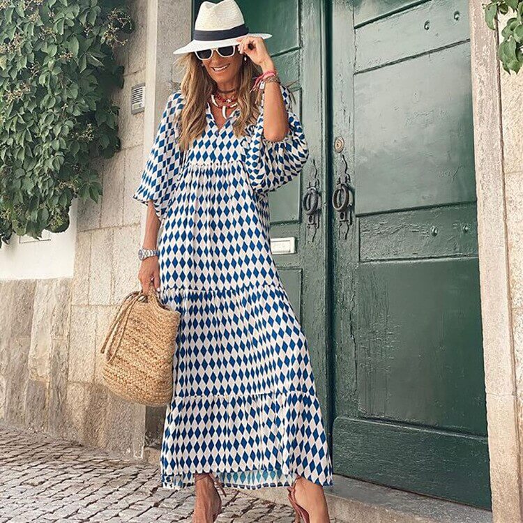 Maxikleid | Taillenbund | Bedruckt | Kurze Ärmel | Luftig | Mehrfarbig-Luzern Mode