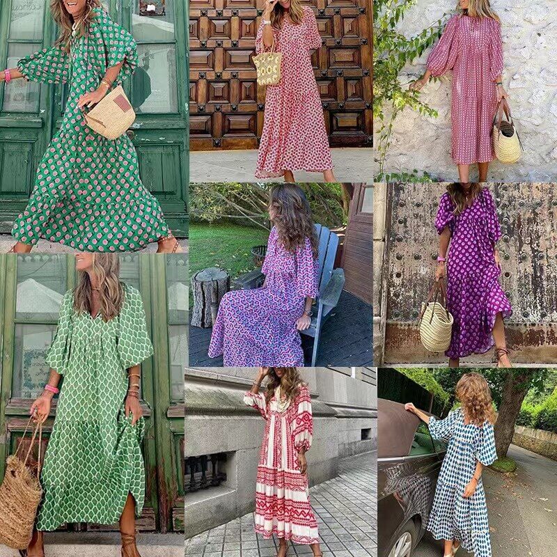 Maxikleid | Taillenbund | Bedruckt | Kurze Ärmel | Luftig | Mehrfarbig-Luzern Mode