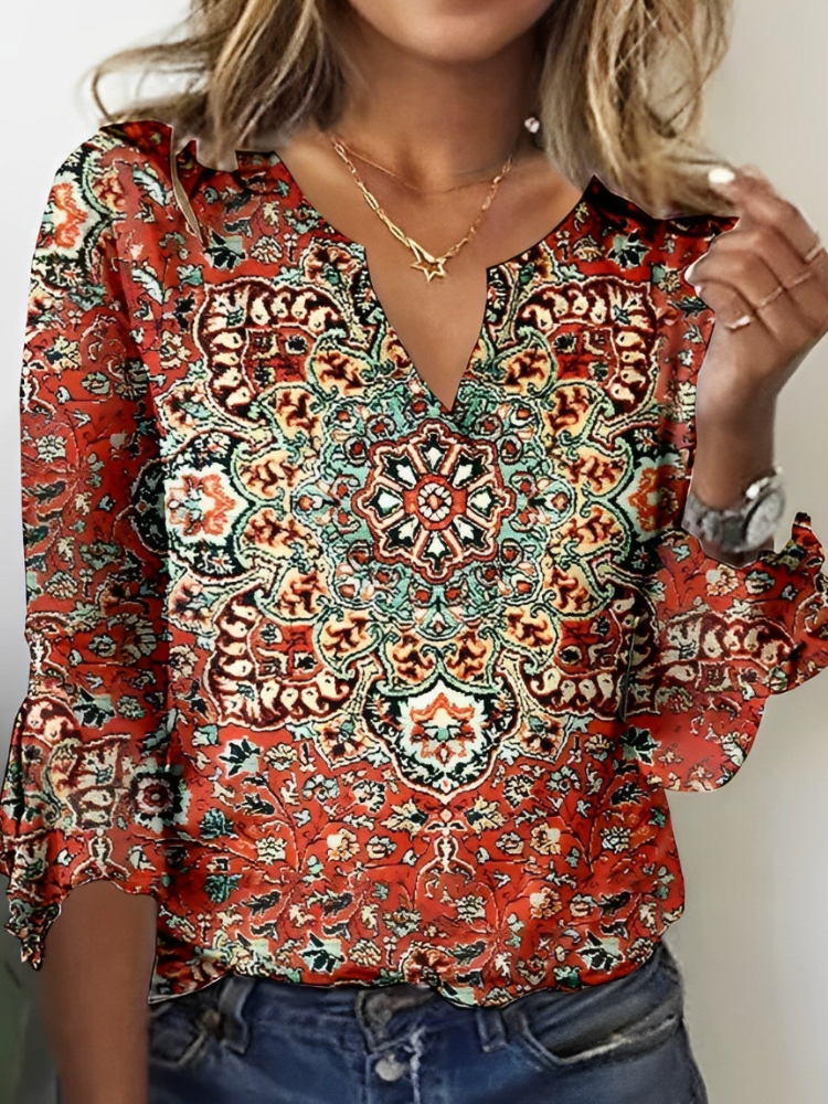 Mehrfarbige Damen-Bluse | V-Ausschnitt | Lange Ärmel | Locker sitzend | Weich-S-Luzern Mode