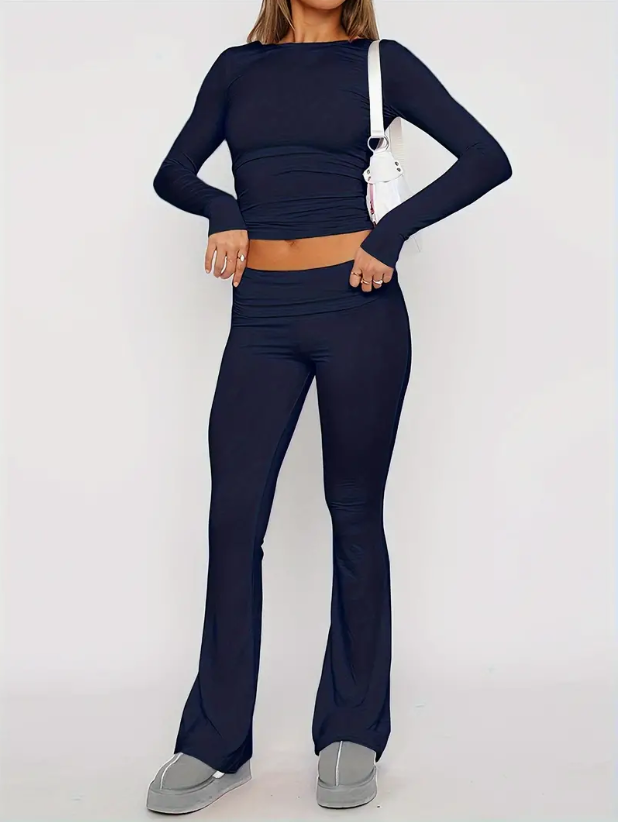 Damen Kleidungsset | 2-teilig | Top | Jeans | Schlag | Uni | Stretch-Dunkelblau-XS-Luzern Mode
