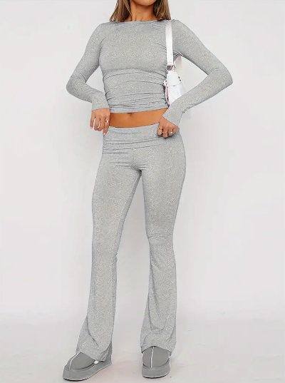 Damen Kleidungsset | 2-teilig | Top | Jeans | Schlag | Uni | Stretch-Grau-XS-Luzern Mode