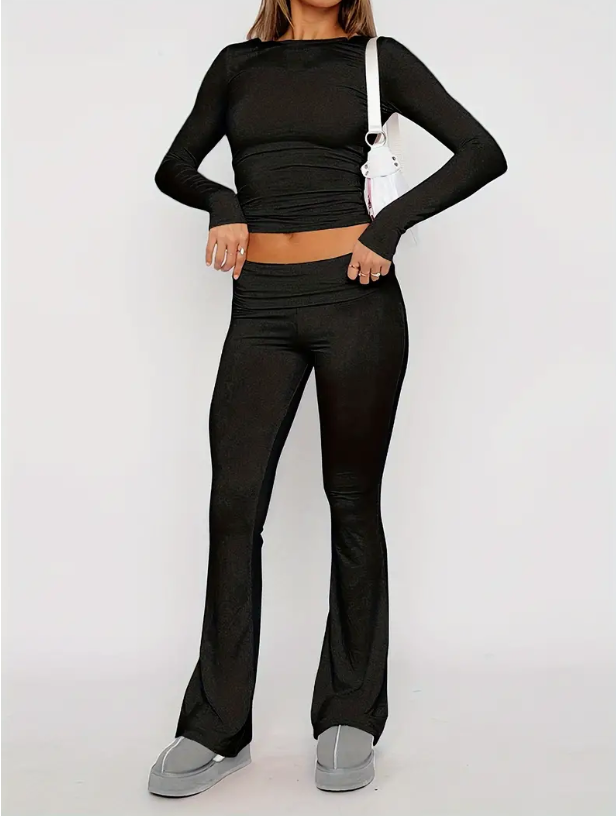 Damen Kleidungsset | 2-teilig | Top | Jeans | Schlag | Uni | Stretch-Schwarz-XS-Luzern Mode