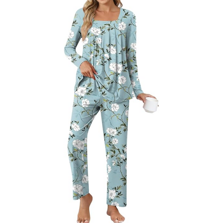Damen Pyjama Set mit Punkten - Bequemes Nachtwäsche Set-Blau Begonie-M-Luzern Mode