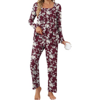 Damen Pyjama Set mit Punkten - Bequemes Nachtwäsche Set-Bordeaux/Weiße Blumen-M-Luzern Mode