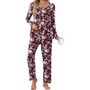 Damen Pyjama Set mit Punkten - Bequemes Nachtwäsche Set-Bordeaux/Weiße Blumen-M-Luzern Mode